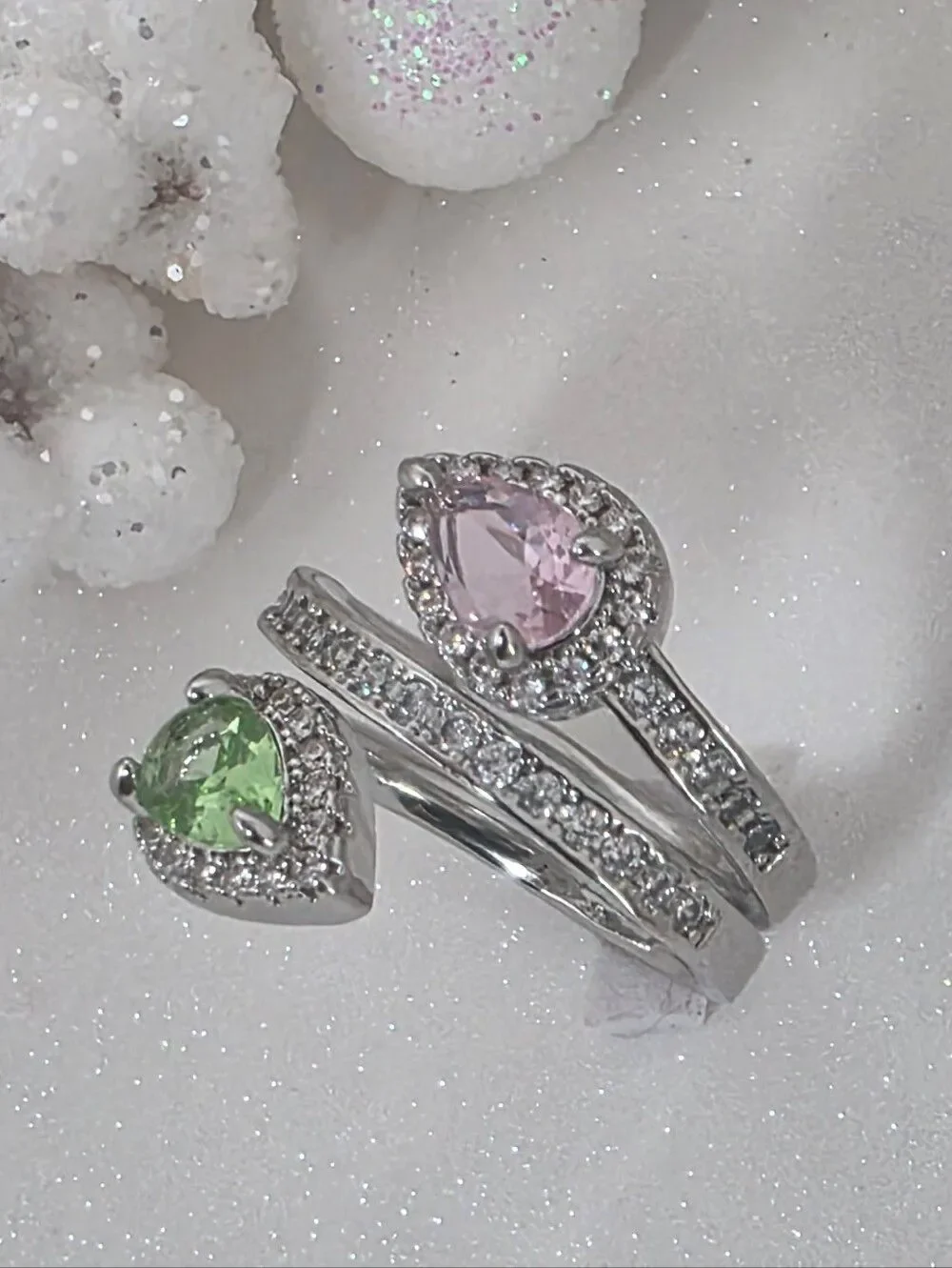 Pink & Green Pear Cut Diamonds & Baguette Diamond Cocktail Ring on 925 Silver